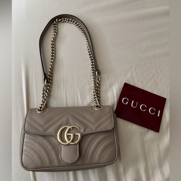 Gucci Taupe Leather Shoulder Bag with Gold Chain - Picture 1 of 9